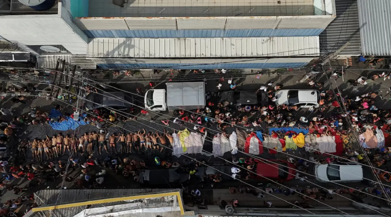 A drone views shows mourners gatherering around bodies, the day after a deadly police operation against drug trafficking at the favela do Penha, in Rio de Janeiro, Brazil, October 29