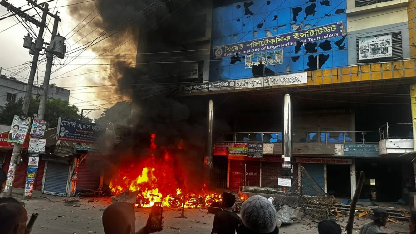 During the altercation, one faction's office located in the Harun Shopping Complex adjacent to Wapdar More was attacked and damaged. Additionally, at least 10 motorcycles parked in front of the shopping complex : Photo Mofizur Rahman Shipon, Faridpur
