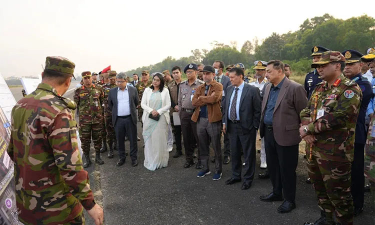National Security Adviser Dr. Khalilur Rahman, Cultural Affairs Adviser Mostofa Sarwar Farooki, Senior Secretary of the Home Affairs Ministry Nasimul Ghani, and other senior officials inspect preparations for the Victory Day special events on Wednesday. Photo: CA Press Wing