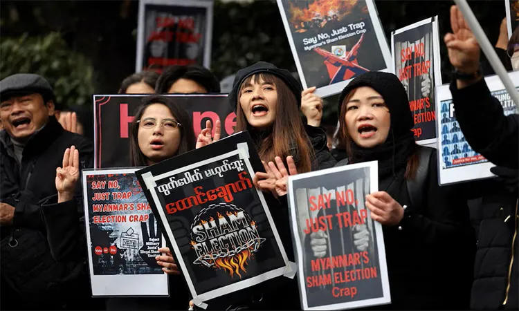 Myanmar protesters residing in Japan hold placards and raise three-finger salutes during a rally denouncing an upcoming election led by the military junta and demanding the immediate release of Myanmar's detained former leader Aung San Suu Kyi and all political prisoners, outside Myanmar's embassy in Tokyo, Japan: Photo collected