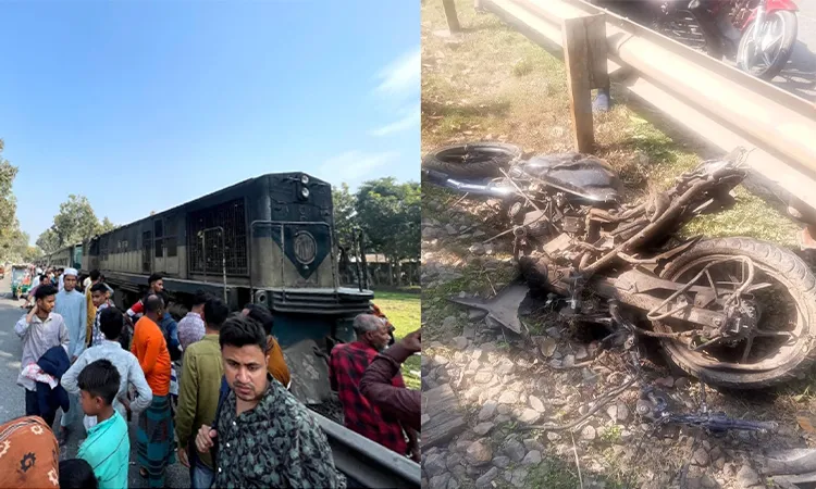 A train hit a parked motorcycle in Kurigram’s Rajarhat Upazila.