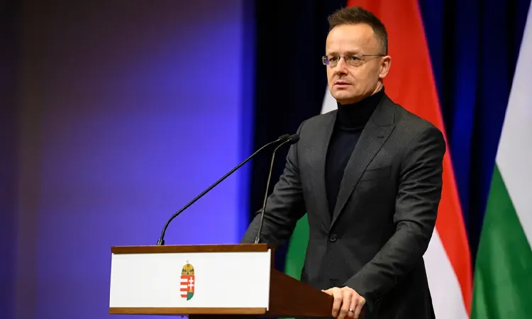 Hungary’s Minister of Foreign Affairs and Trade Peter Szijjarto holds a press conference following a cabinet meeting in Budapest, Hungary.