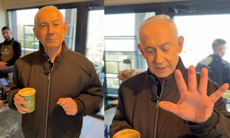 Netanyahu shows his hand as he speaks at a cafe: Photo taken from a handout video. Benjamin Netanyahu via Telegram