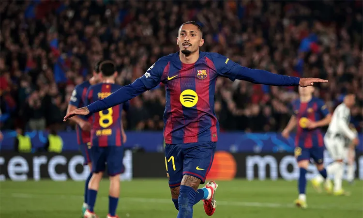 Raphinha celebrates scoring the seventh for Barca as they put Newcastle to the sword at Camp Nou.