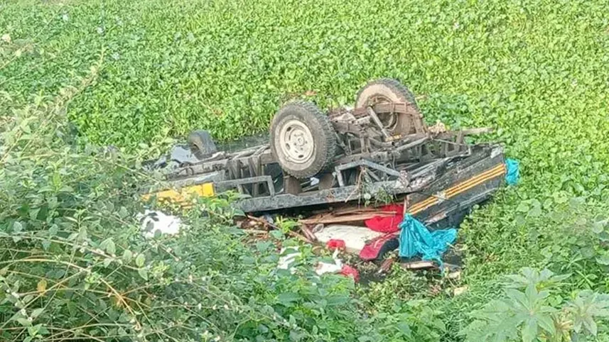 The impact caused the pickup van to overturn and fall into a roadside ditch or creek.
