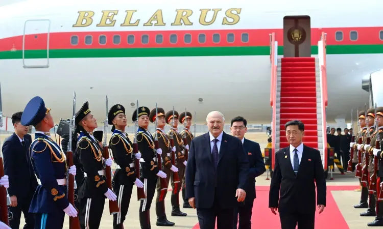 Belarusian President Alexander Lukashenko arrives at Pyongyang international airport in North Korea for an official two-day visit