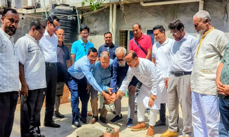 Pabna District Council Administrator Mohammad Zahurul Islam Bishu inaugurates the construction of the second auditorium at the historic Pabna Press Club.
