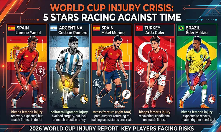 Five major football stars Spain’s Lamine Yamal, Argentina’s Cristian Romero, Spain’s Mikel Merino , Turkuy’s Arda Guler and Brazil’s Eder Militao Romero facing Injury Crisis ahead of world cup.