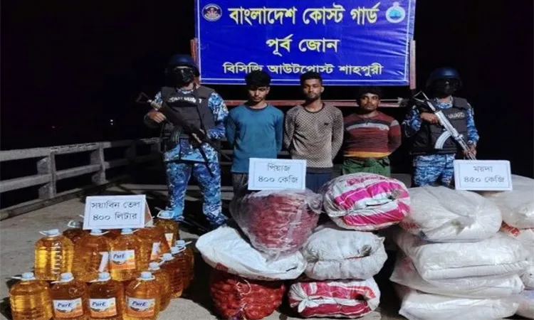 Bangladesh Coast Guard arrested 13 people in two operations; the seized goods include 80 bottles of liquor and 1,250 units (kg/liters) of essential food items.