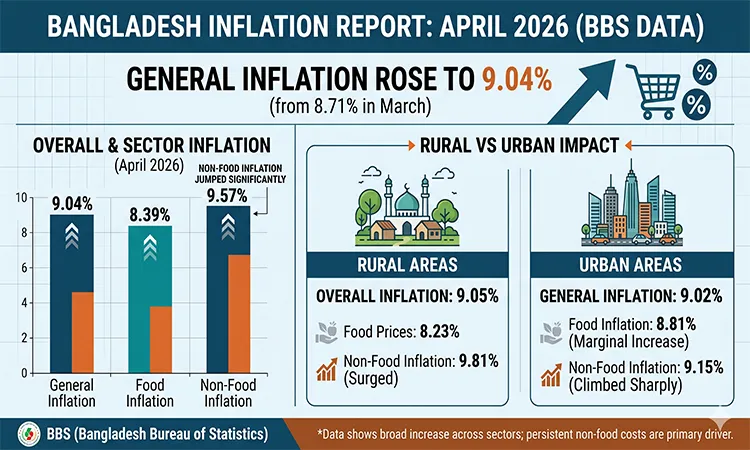 Bangladesh Bureau of Statistics (BBS) officially recorded April 2026 general inflation at 9.04%.