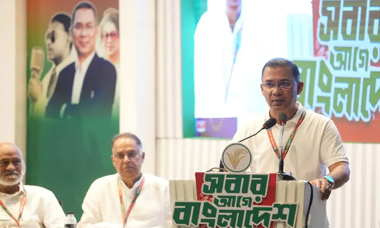 Prime Minister Tarique Rahman sits with district-level BNP leaders at KIB.