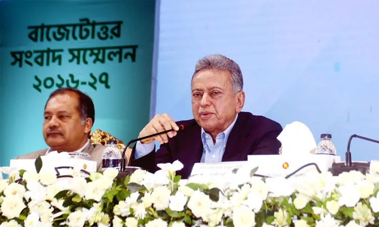 Finance Minister Amir Khosru Mahmud Chowdhury spoke today at a post-budget press conference held at the Osmani Memorial Auditorium in the capital. Photo: Collected