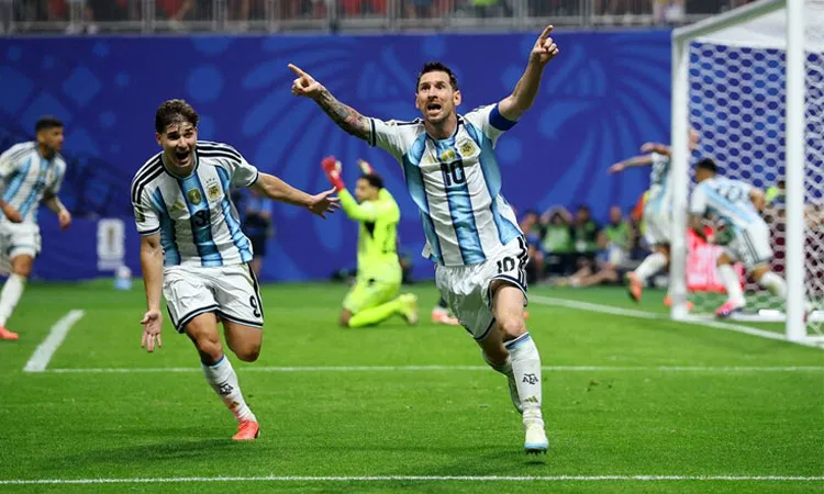 Lionel Messi celebrates scoring their second goal.