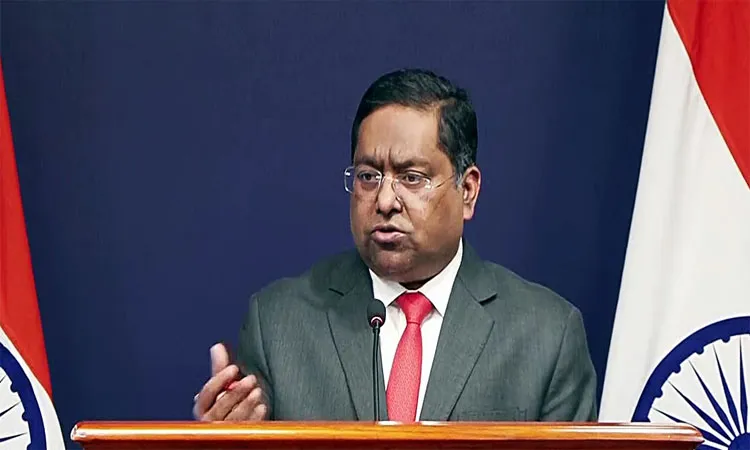 Indian Ministry of External Affairs Spokesperson Randhir Jaiswal speaking at a media briefing in New Delhi.