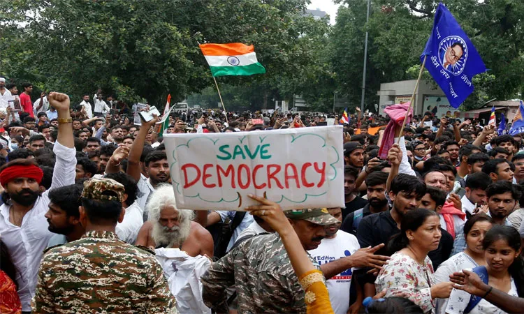 Supporters of the Cockroach Janta Party attempt to march to India’s Parliament demanding the resignation of the education minister, in New Delhi.