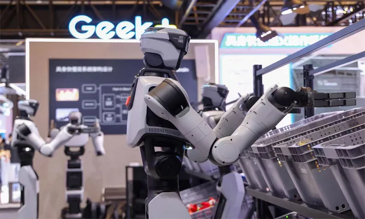 Geek+ displays its Gino 1 humanoid picking robot and other logistics automation systems at the 2026 World AI Conference in Shanghai, China.