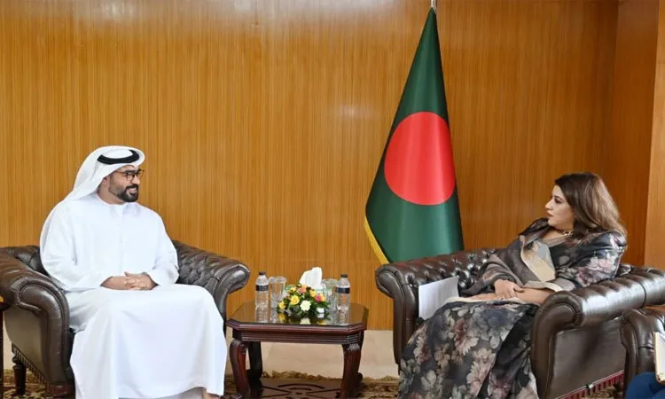 State Minister for Foreign Affairs Shama Obaed Islam and UAE Ambassador to Bangladesh Abdulla Ali AlHmoudi during a bilateral meeting at the foreign ministry on Sunday.