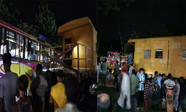 Two people died and five were injured when detached coaches of an oil train crashed into a bus at Rajbari railway crossing.