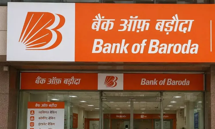 Baroda is seen on a stand outside their branch office in New Delhi, India.