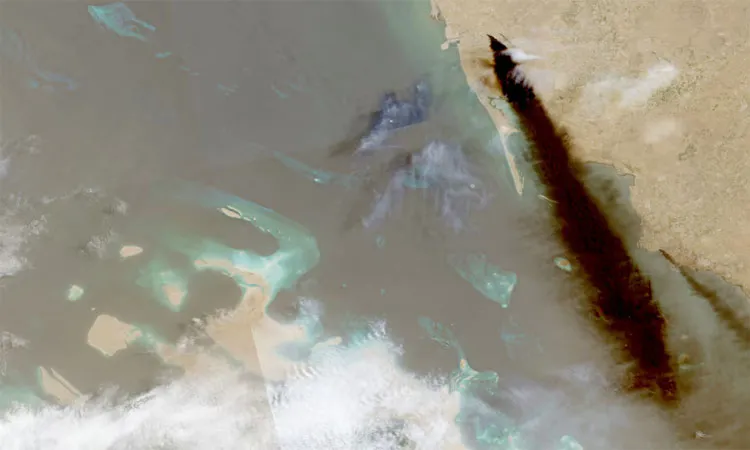 A composite satellite image shows trail of smoke rising
