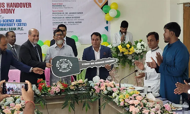 A bus handover ceremony organized by Pubali Bank PLC at the university's temporary campus in Shantiganj on Friday morning.
