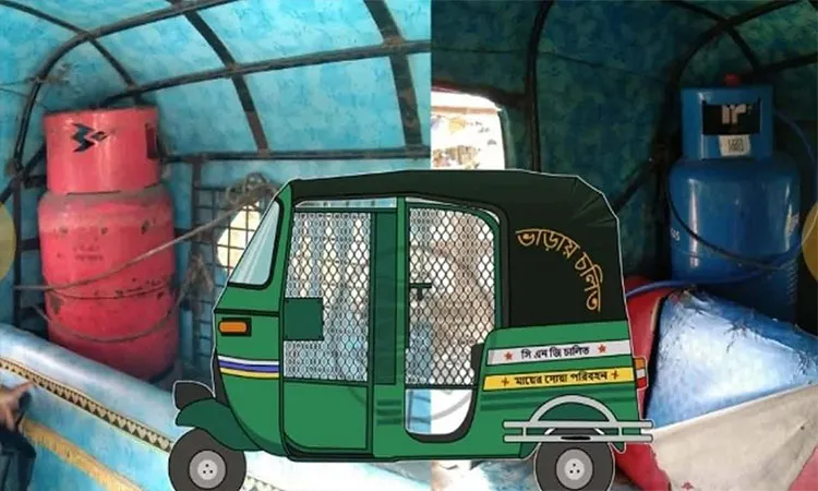CNG-powered autorickshaws on the Mohanganj-Mymensingh road in Netrokona are being run on cooking LPG cylinders.