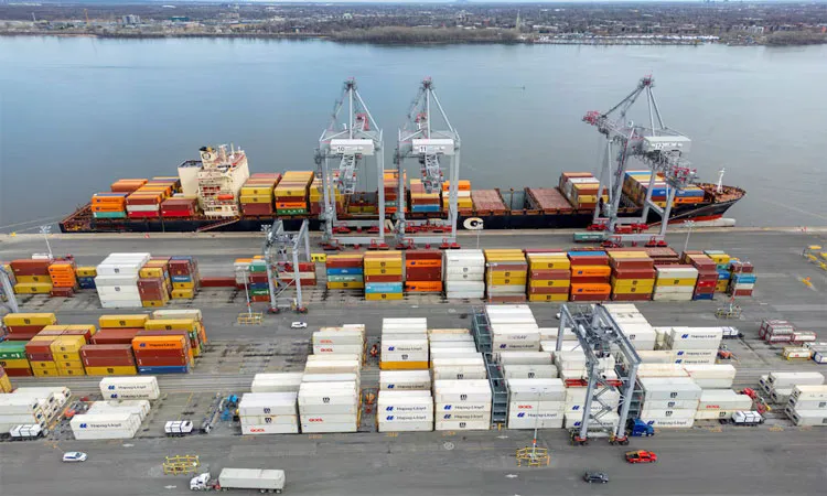 A drone view shows shipping containers at the Port of Montreal in Montreal, Quebec, Canada.