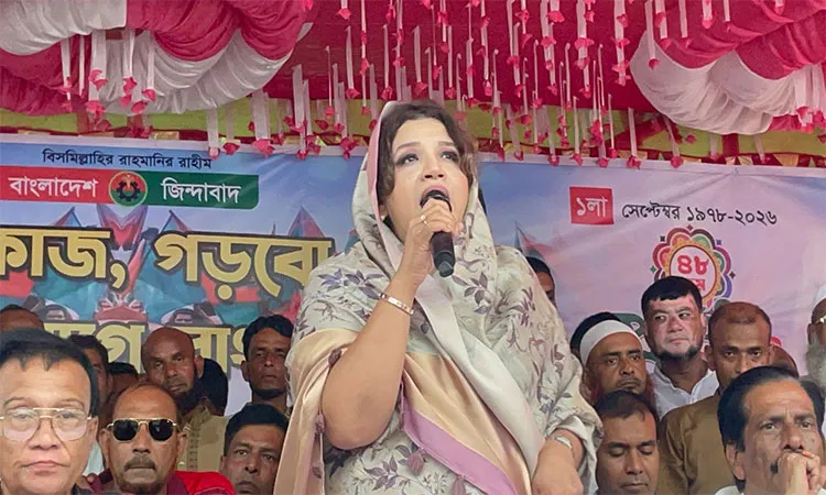 Shama Obaed Islam speaking as chief guest at a public meeting organised by local BNP leaders in Saltha on Tuesday.