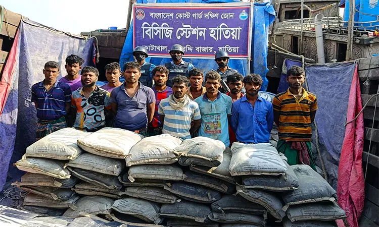 Bangladesh Coast Guard arrested 12 smugglers and seized nearly 30,000 kg of cement being smuggled toward Myanmar via the Meghna River in Noakhali.