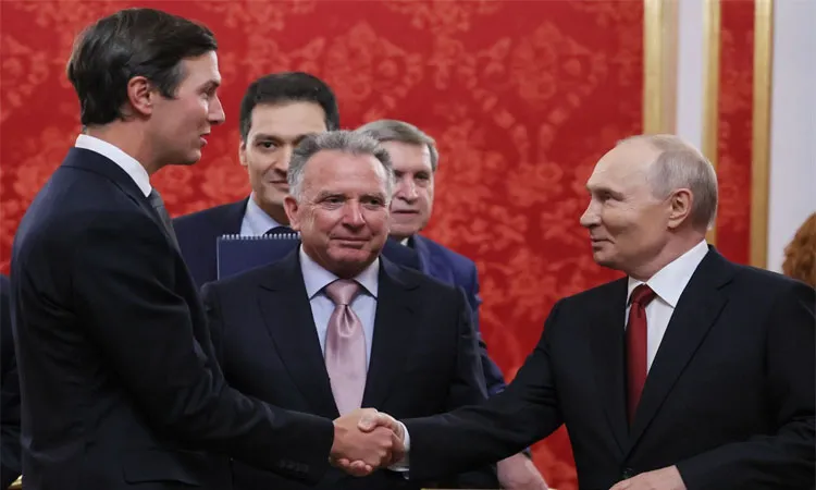 President Vladimir Putin greets U.S. President Donald Trump’s envoys Jared Kushner and Steve Witkoff the Kremlin in Moscow.