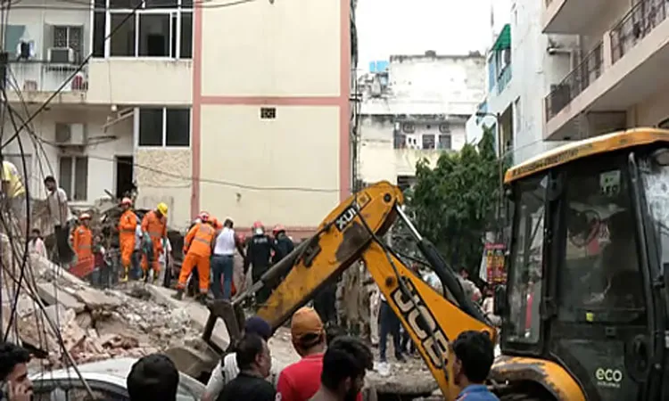 The rescue teams work to save survivors from the rubble.
