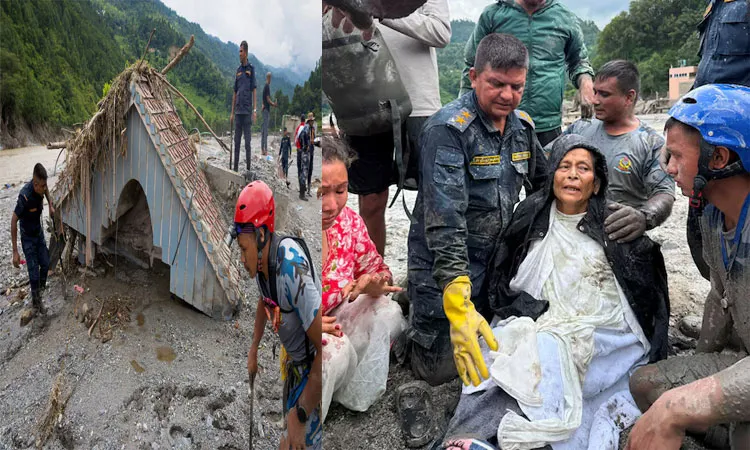 Nepal Police officers assist Chandika Kumari Shrestha after she was rescued alive from a damaged house following deadly flash floods and mudslides.