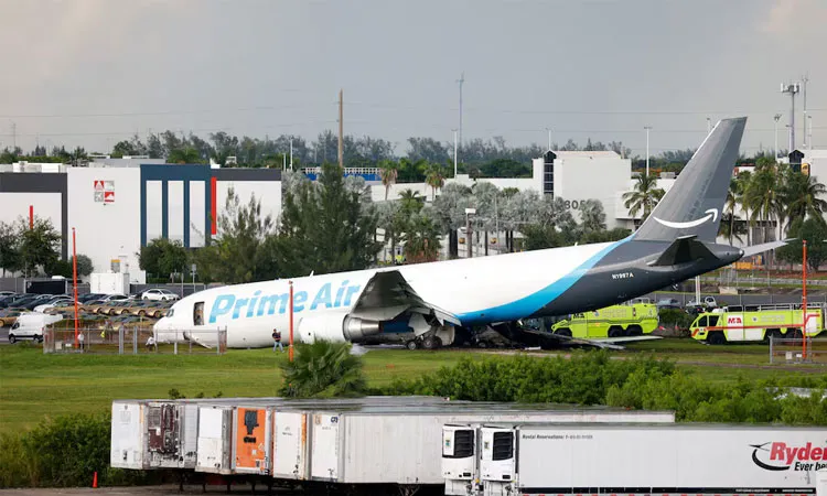 Amazon Prime Air cargo plane that airport officials said overran a runway at Miami International Airport
