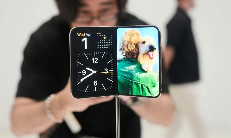 The iPhone Duo is displayed on Wednesday on the Apple campus in Cupertino, California.