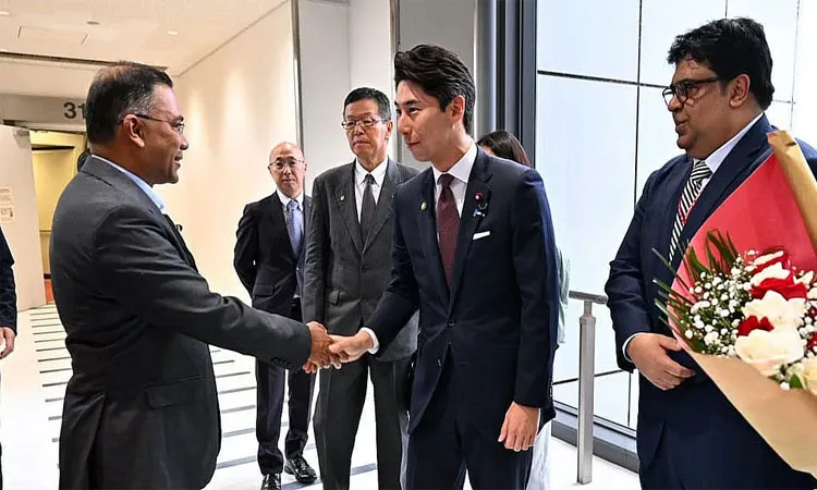 Japan’s State Minister for Foreign Affairs Yasutaka Nakasone welcomes Prime Minister Tarique Rahman at Narita International Airport.