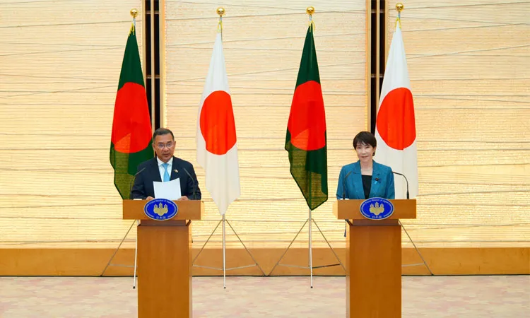 Prime Minister Tarique Rahman spoke at a joint press announcement in Tokyo after talks with Japanese Prime Minister Sanae Takaichi. Photo: PMO